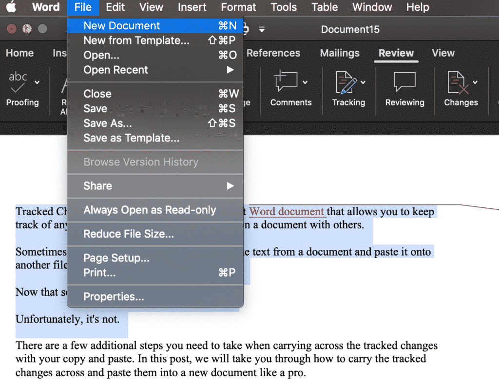 how to copy and paste in word to a new document