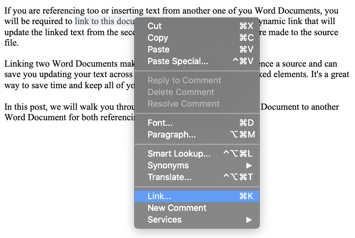 how to put a link to another document in word