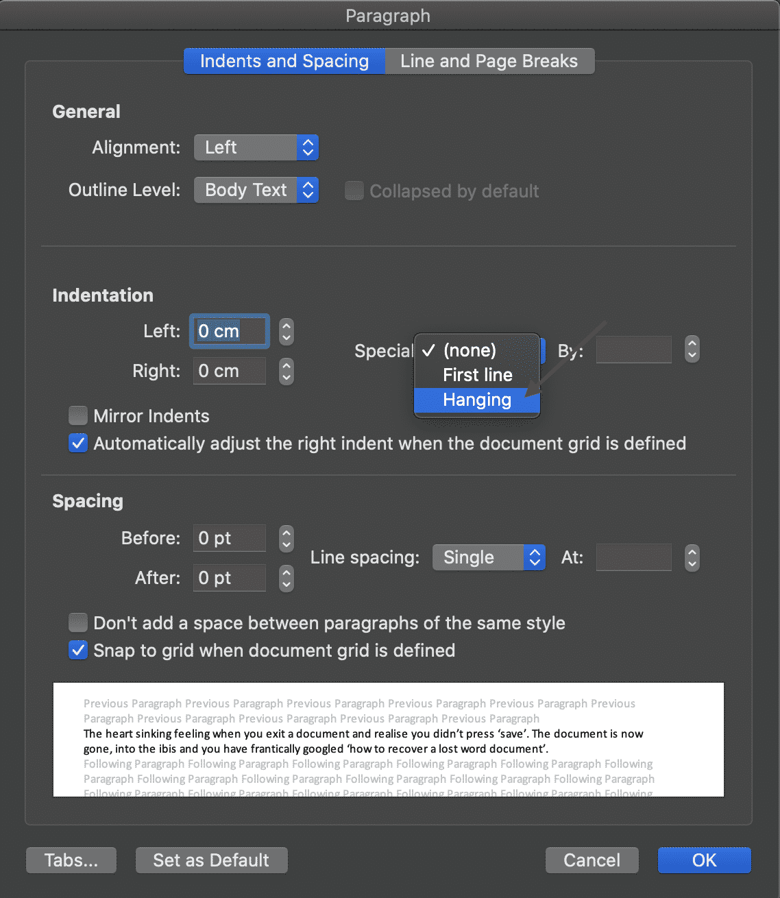 word change indent size after number