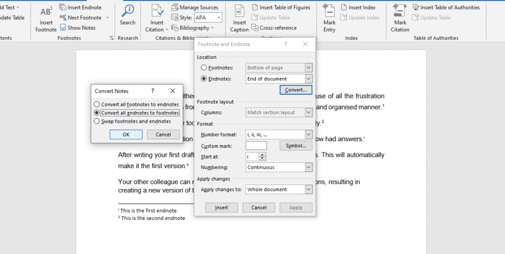 how to convert endnotes to footnotes in word 2013
