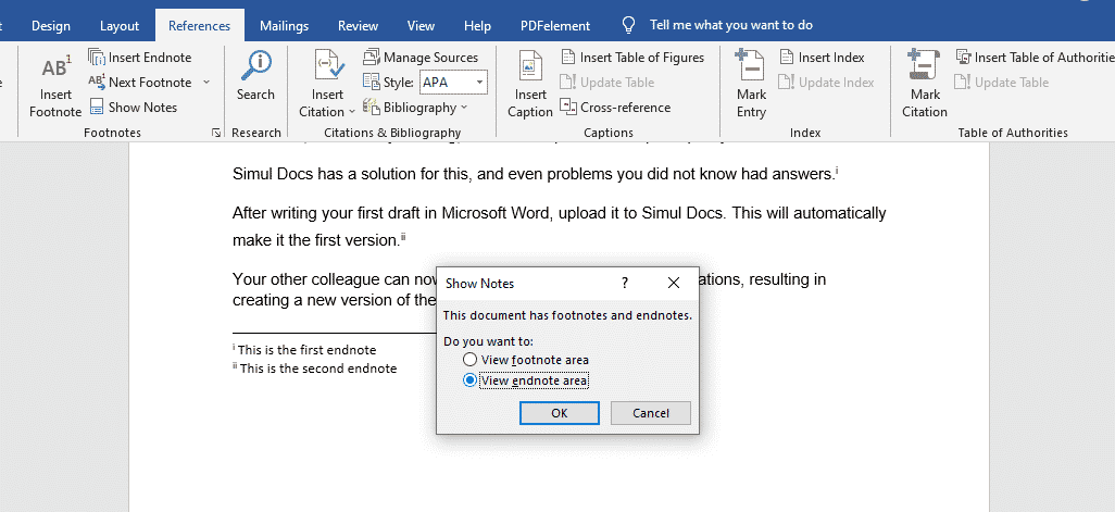 how to insert endnote in word
