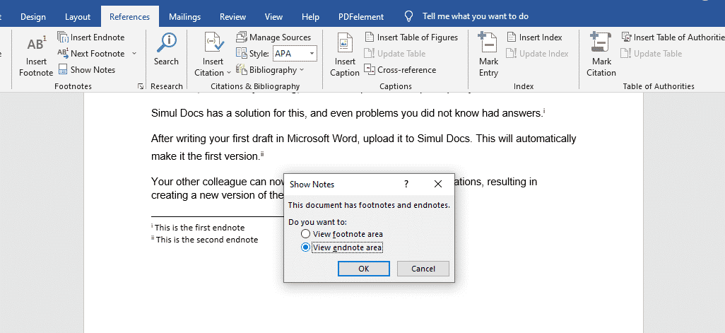 word convert footnote to endnote