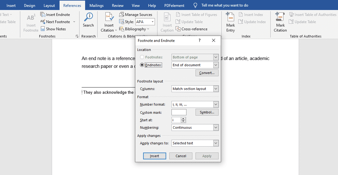 how to change the margins in word endnotes