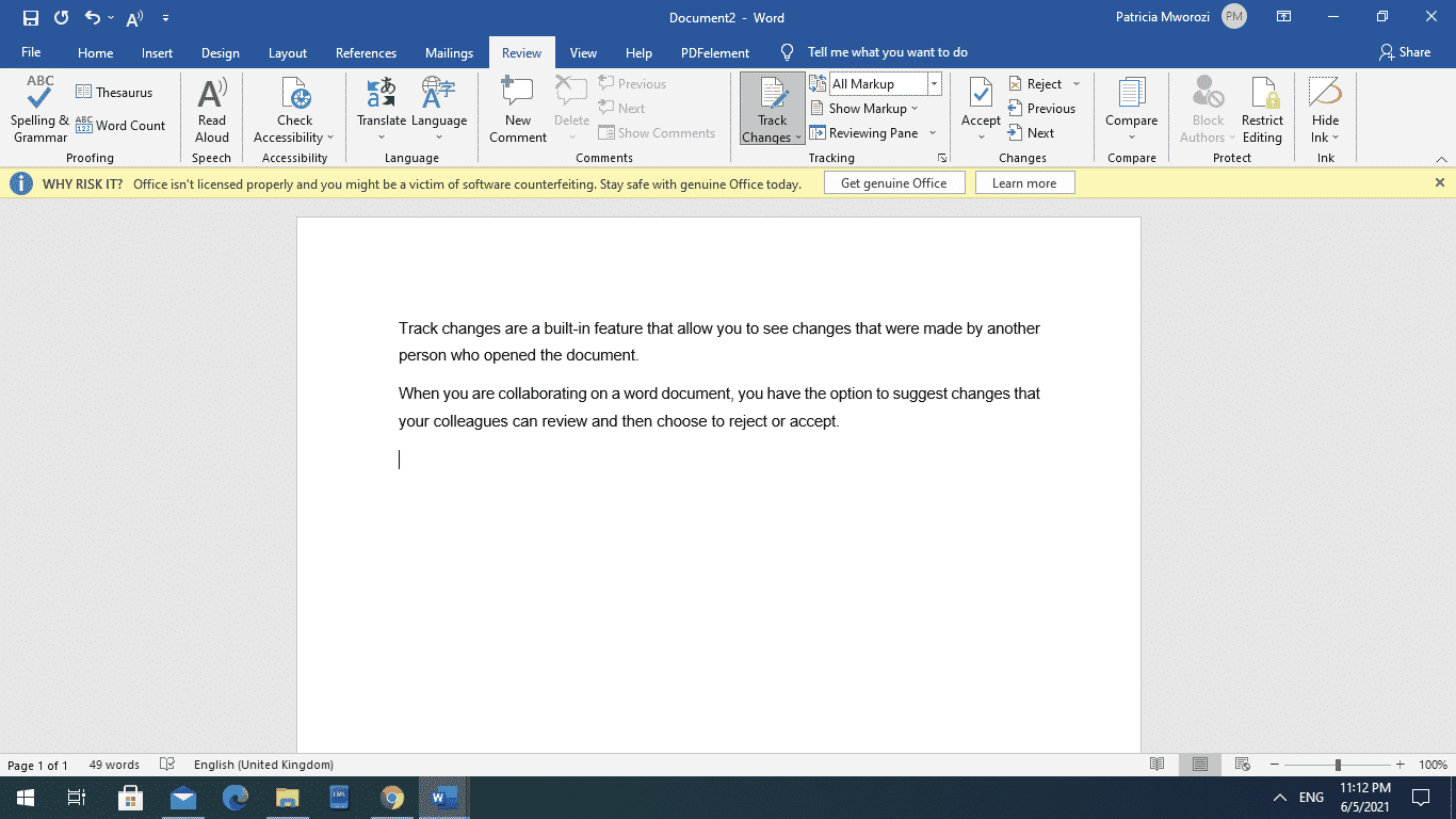 How to turn off track changes in a microsoft word document