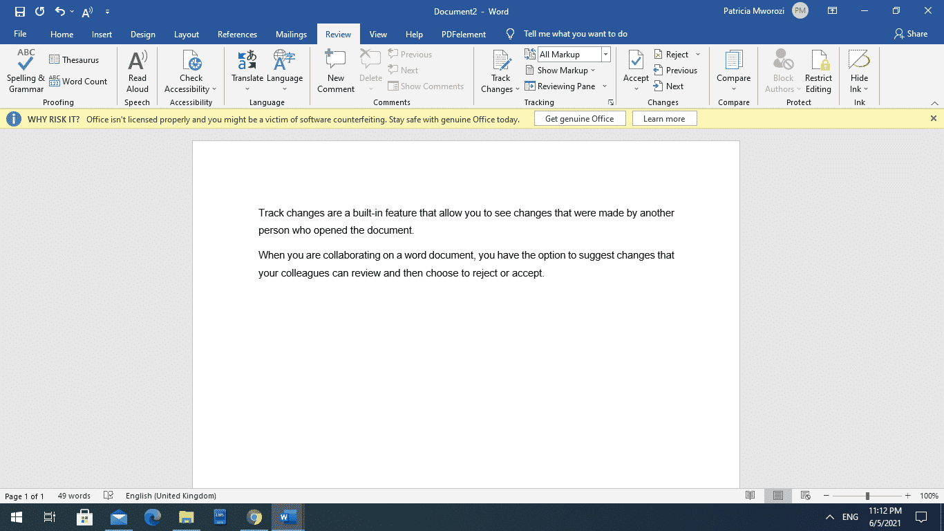 How to turn off track changes in a Microsoft Word document