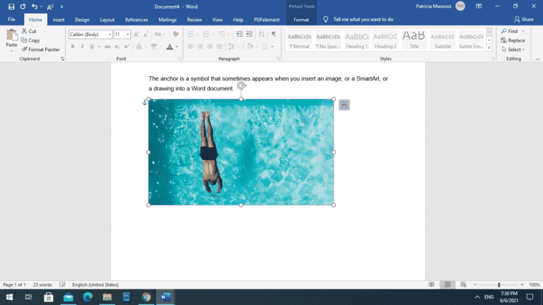 What is the anchor symbol in a microsoft word document