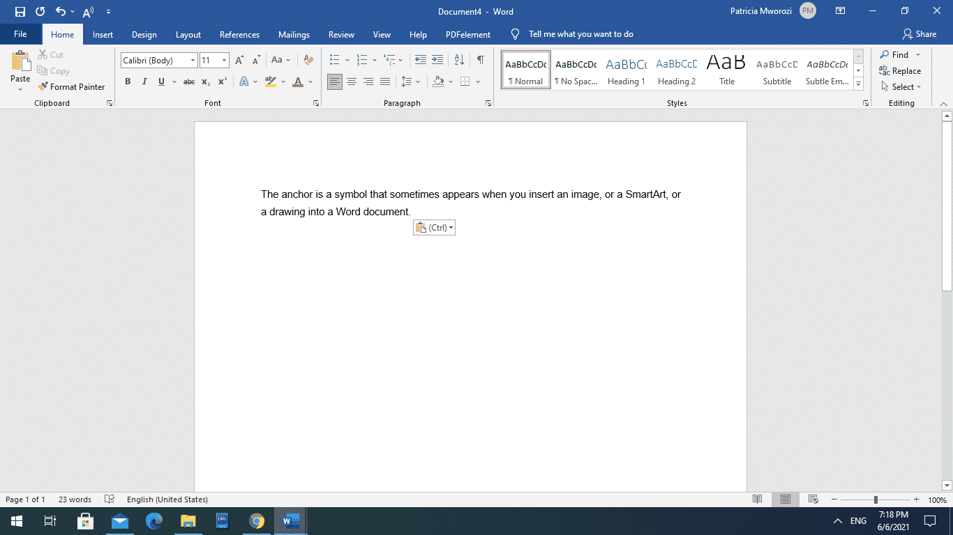 What is the Anchor symbol in a Microsoft Word document