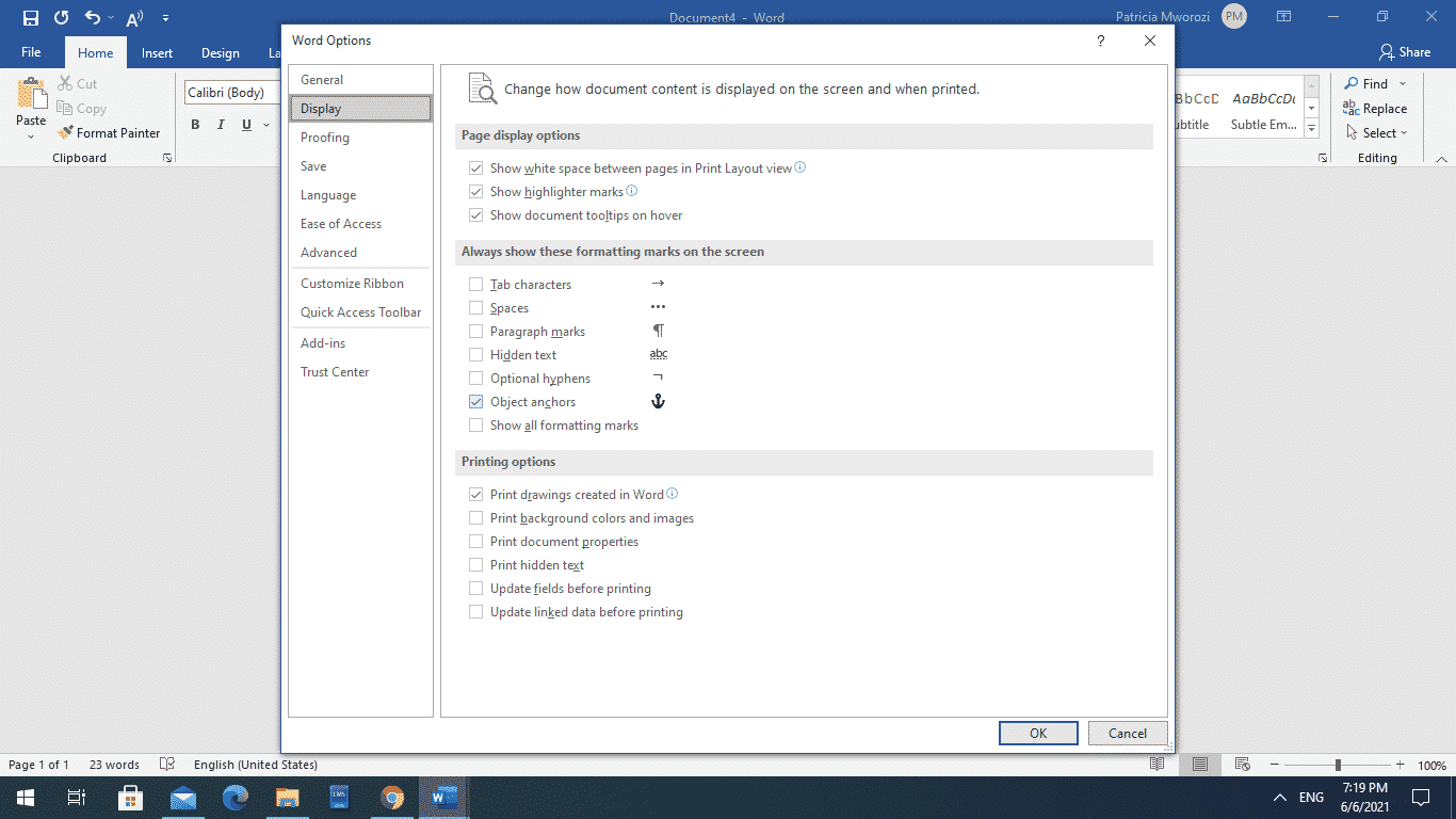 What is the Anchor symbol in a Microsoft Word document