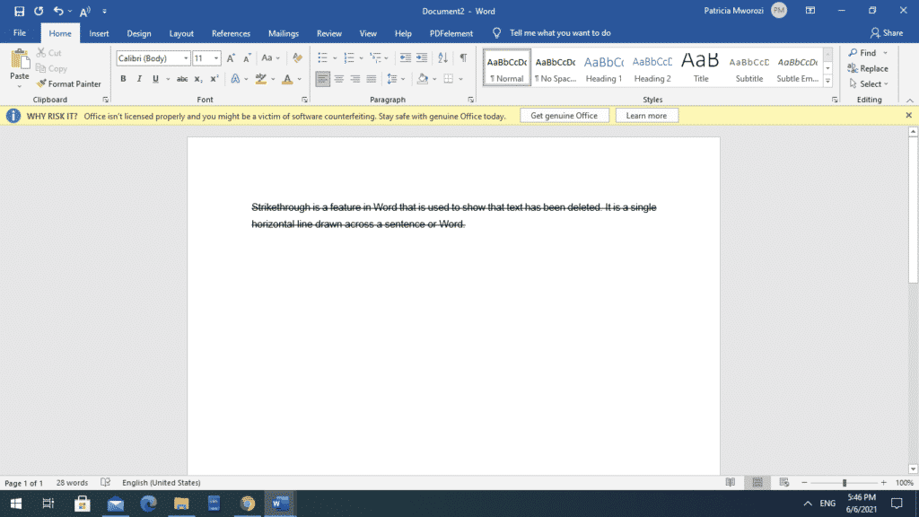 shortcut to cross out text in word