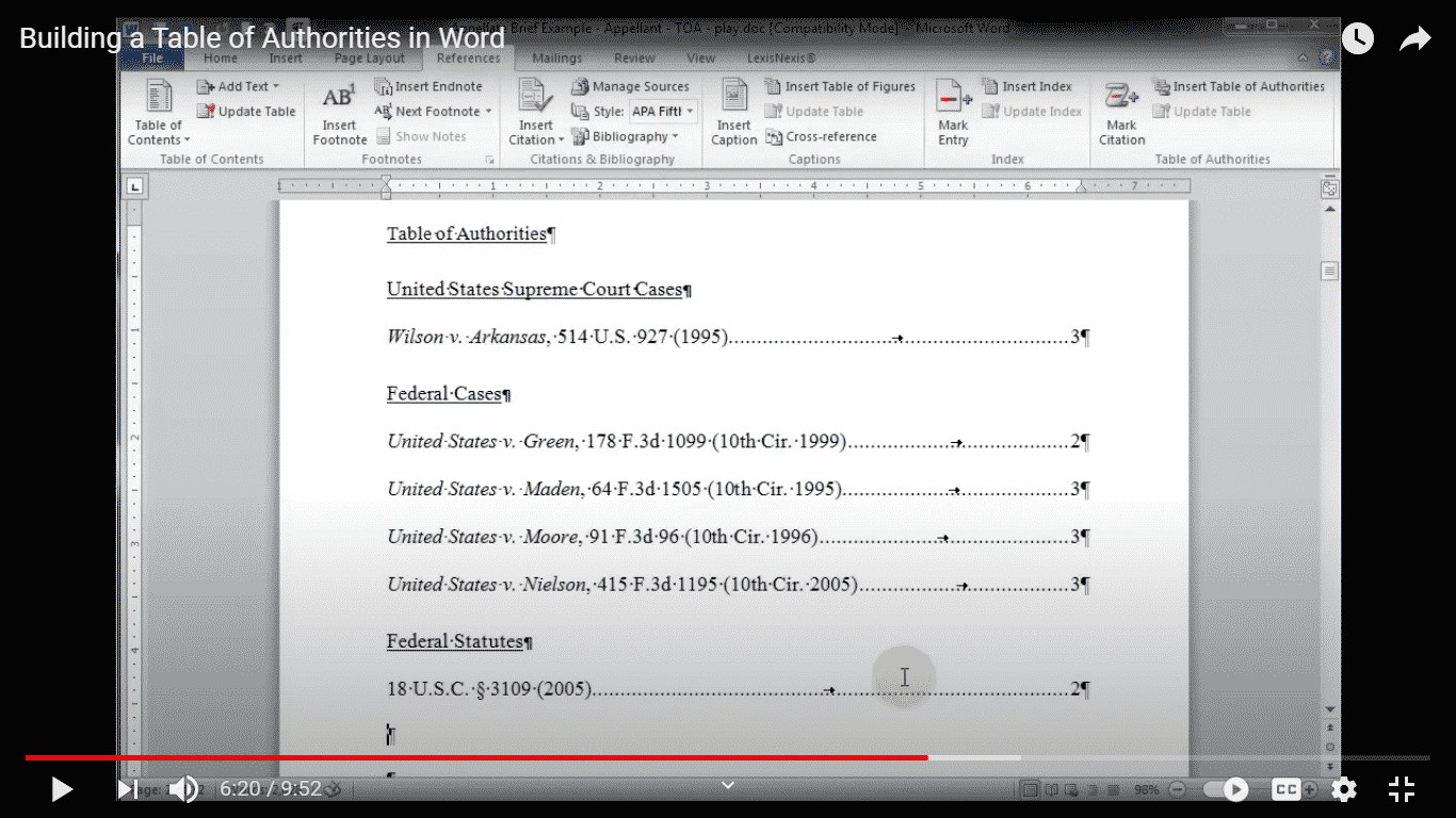 How to add a Table of Authorities to Microsoft Word