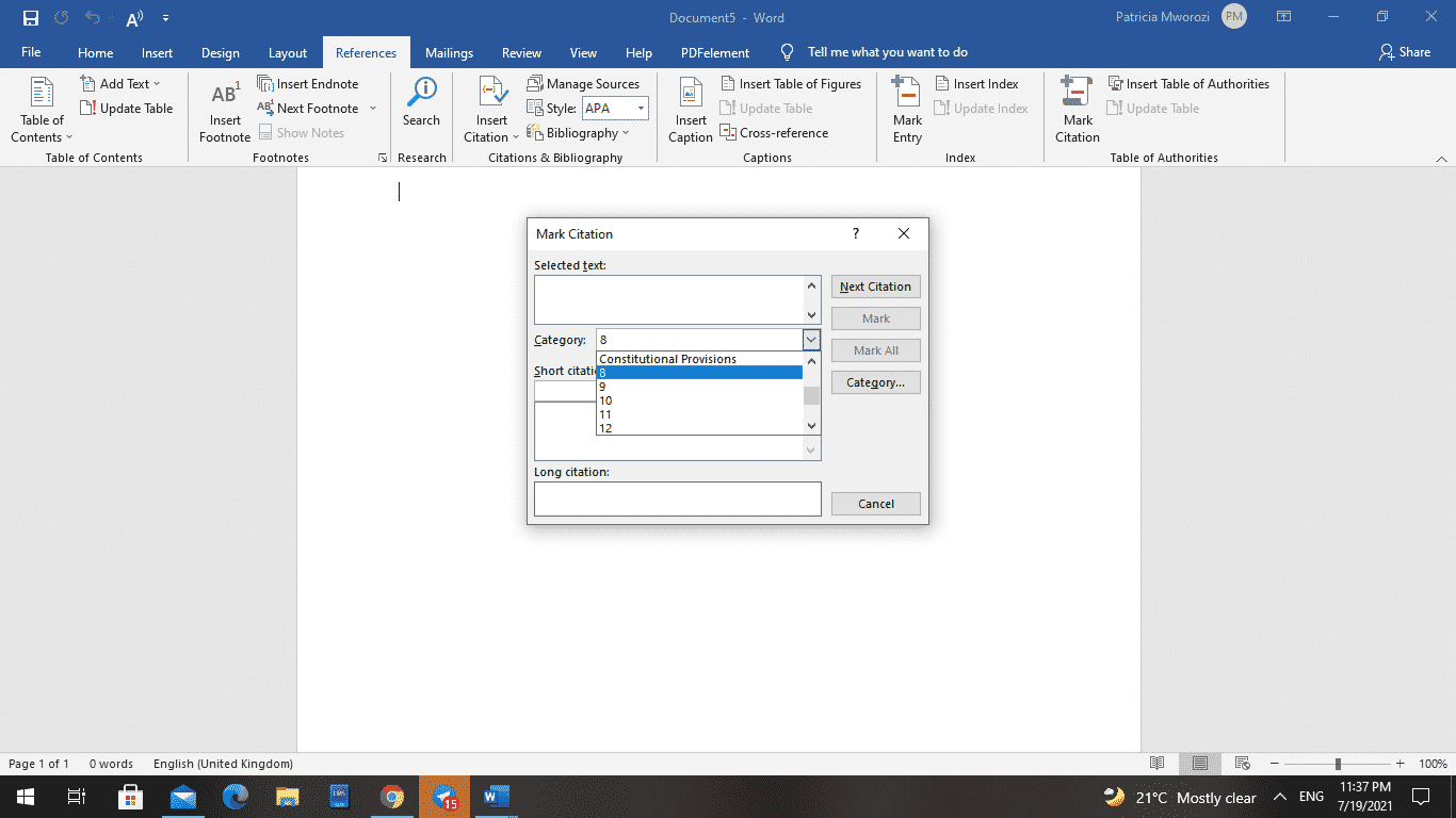 how to add table of authorities to word document