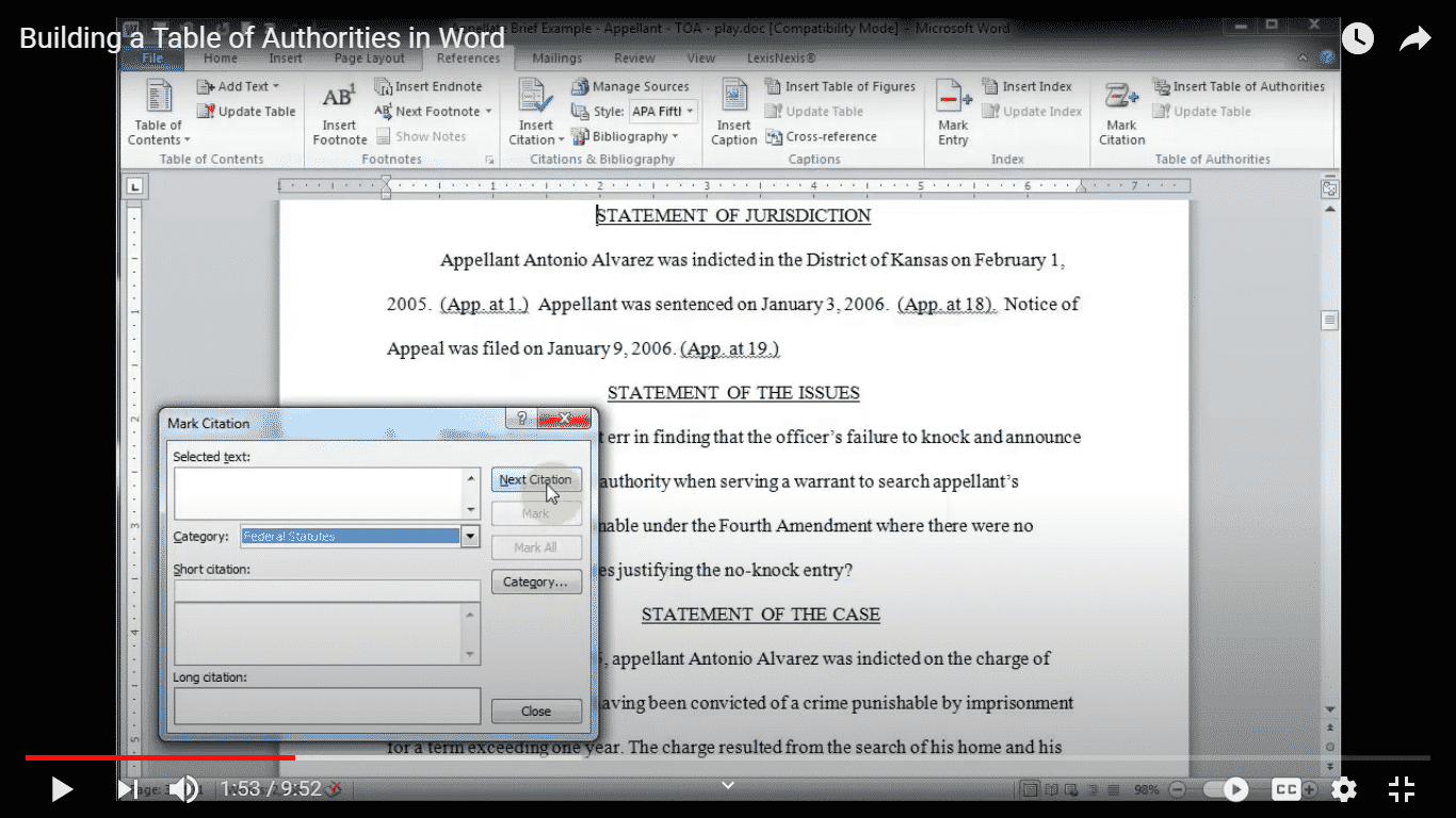 How to add a Table of Authorities to Microsoft Word