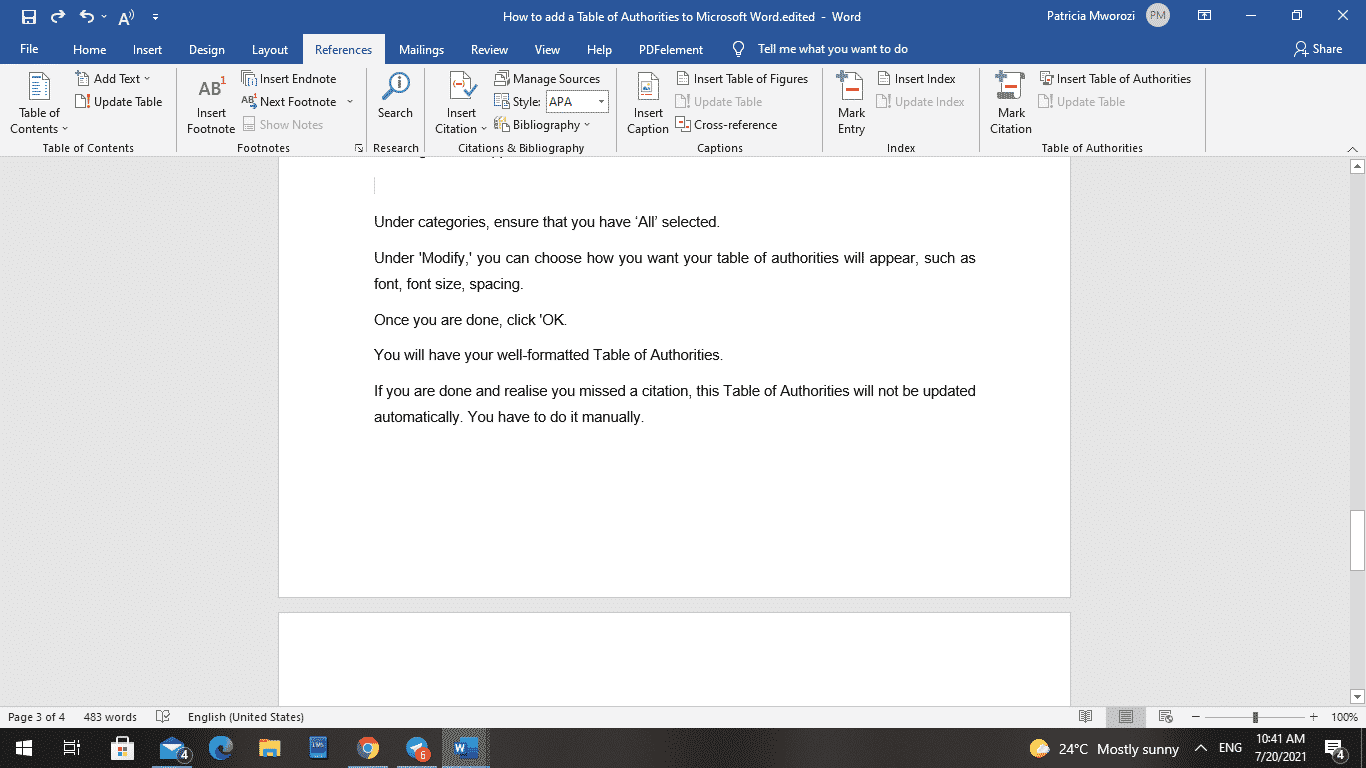 How to add a Table of Authorities to Microsoft Word