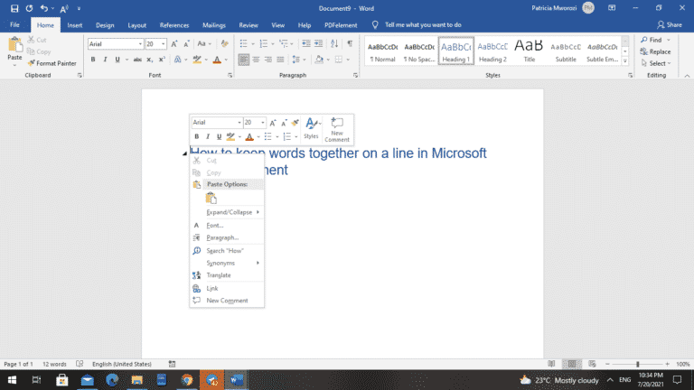 How to keep words together on a line in Microsoft Word