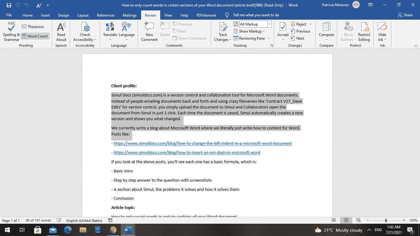 How to only count words in certain sections of your Word document