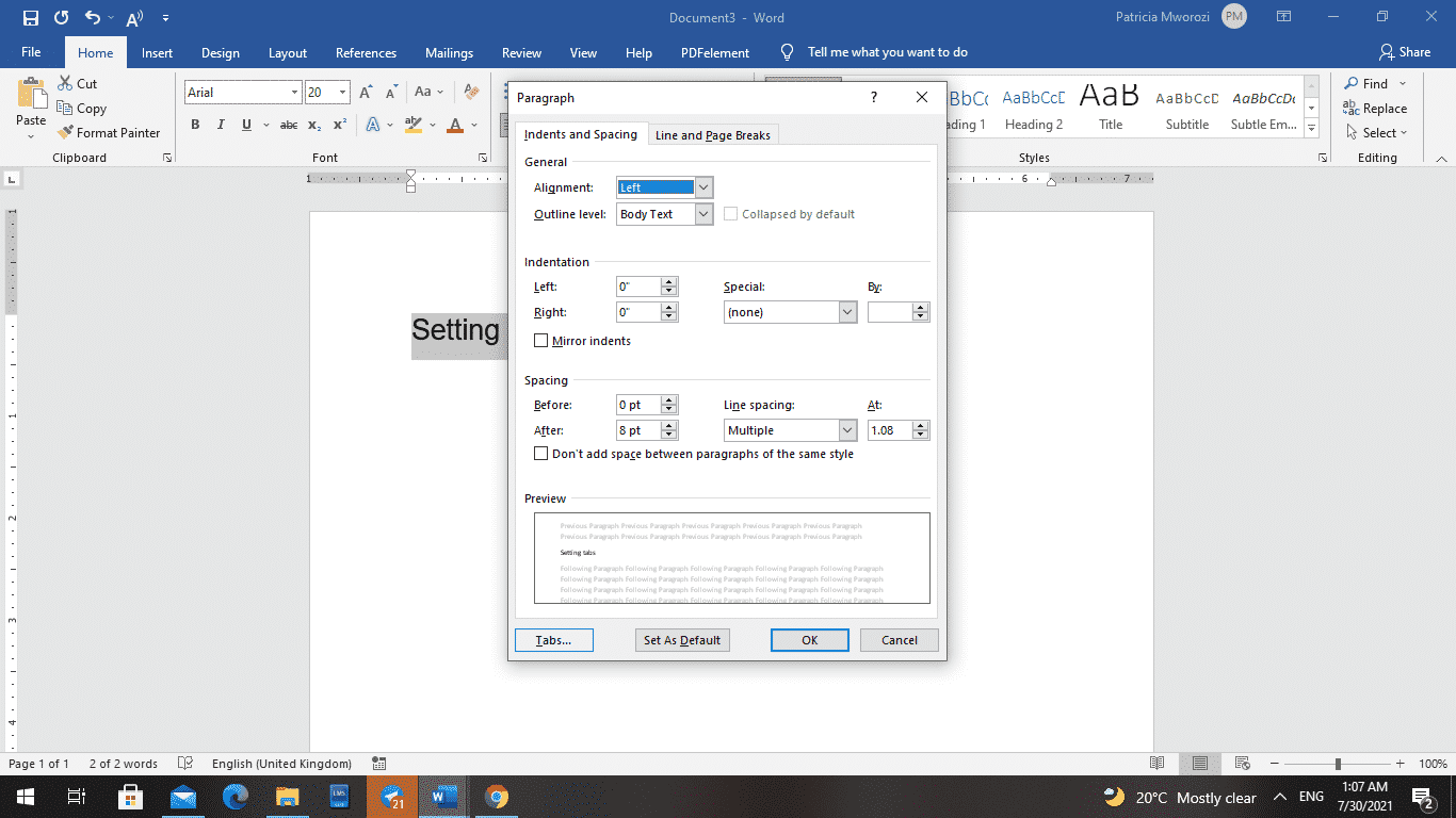 set tabs in word 10