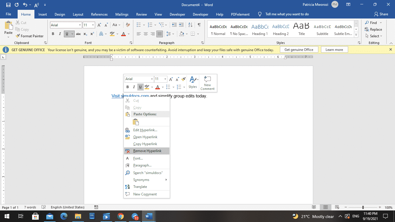 How to remove all hyperlinks in a Microsoft Word document