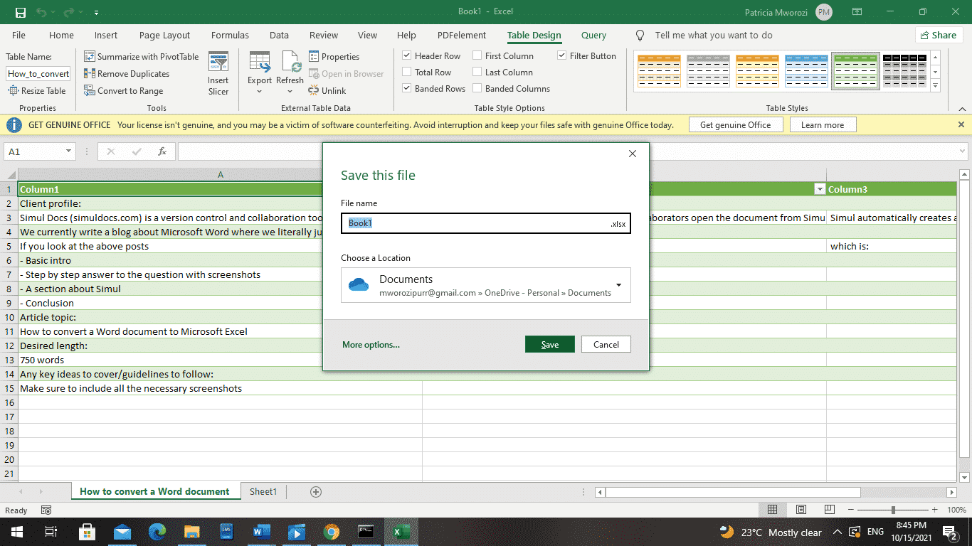 How to convert a Word document to Microsoft Excel