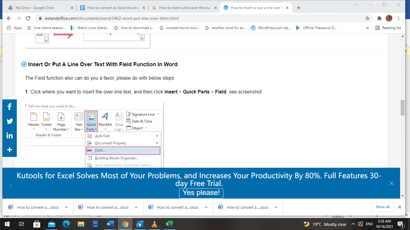 How to insert a line over the top of text in Word documents