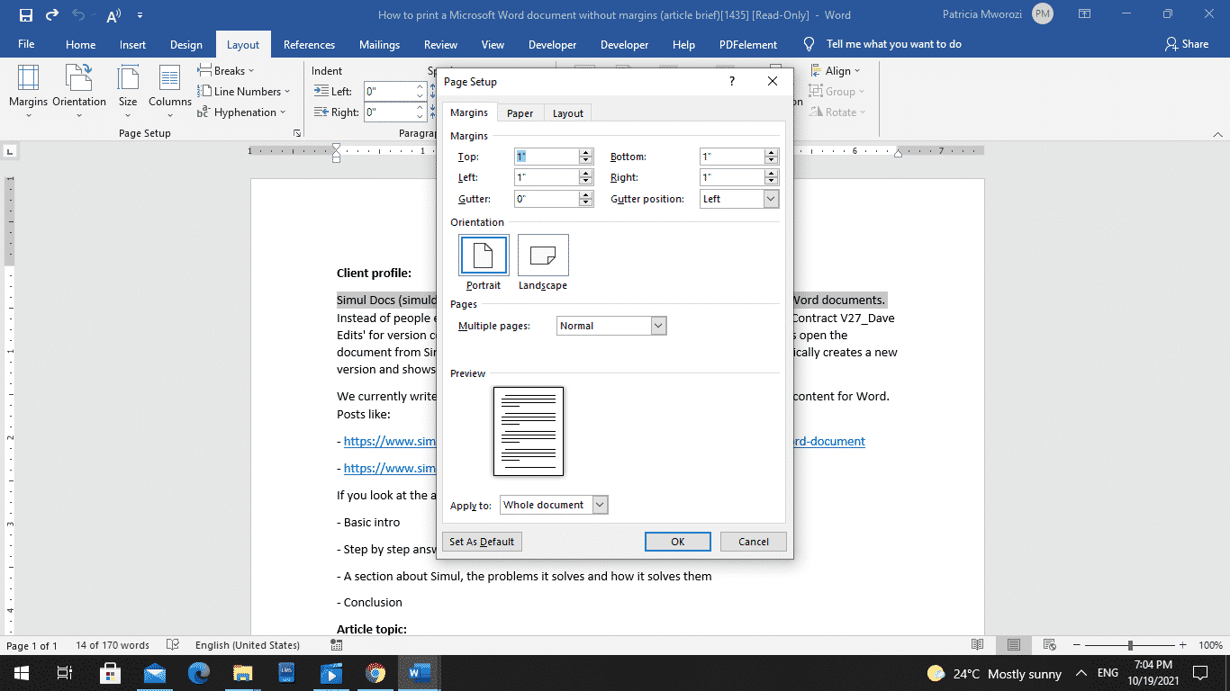 How to print a Microsoft Word document without margins
